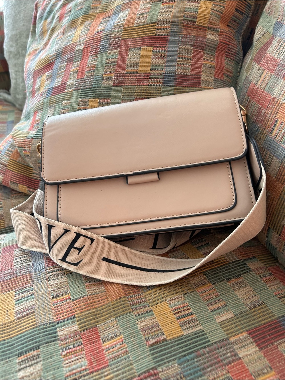 Blush Neutral Crossbody Bag with Branded Canvas Strap